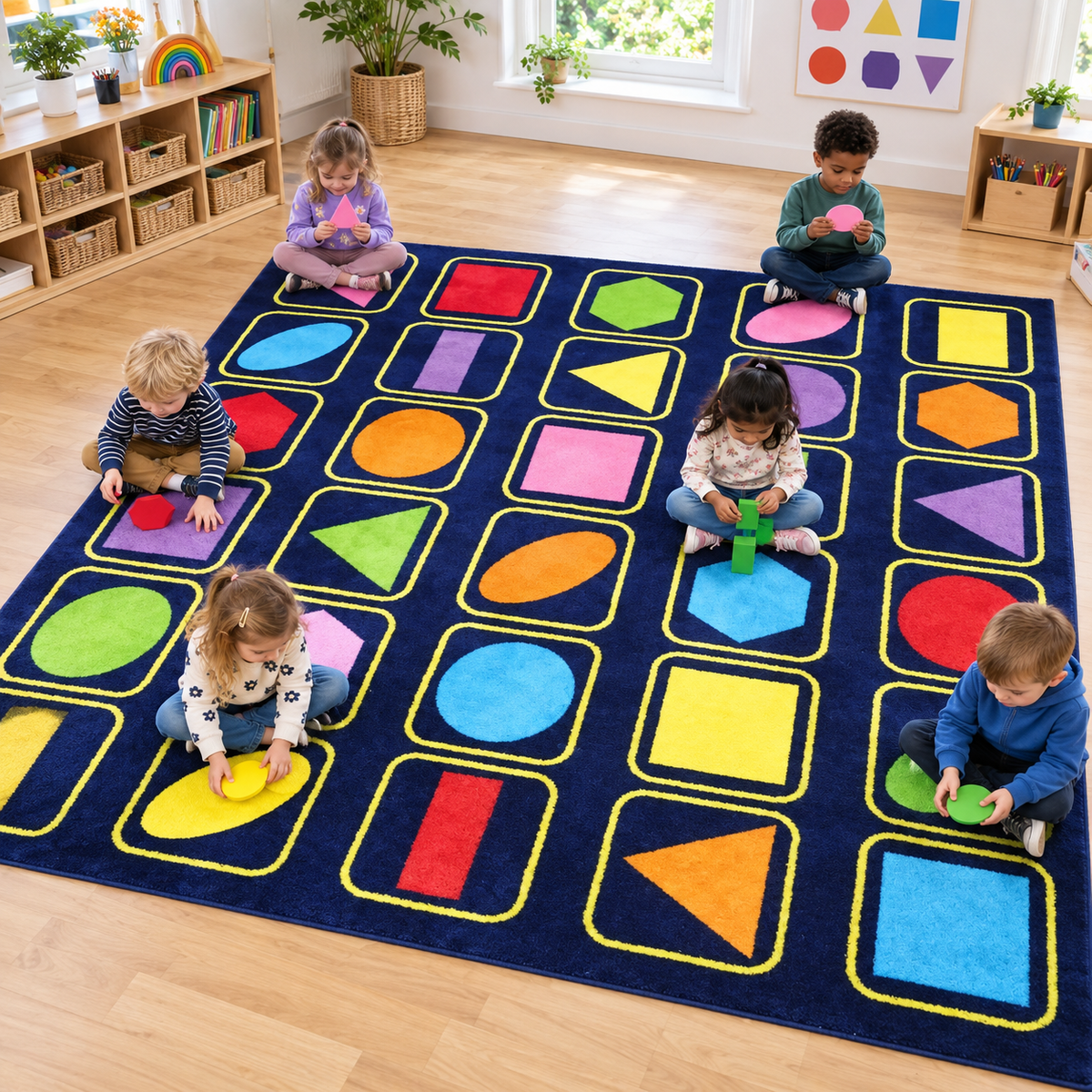 Children learning shapes on Kindercolour Geometric Shapes Carpet