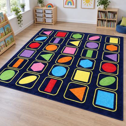 Kindercolour Geometric Shapes Carpet in reading area without children
