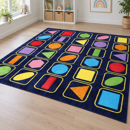 Kindercolour Geometric Shapes Carpet in nursery without children