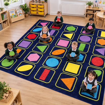 Children matching shapes on Kindercolour Geometric Shapes Carpet