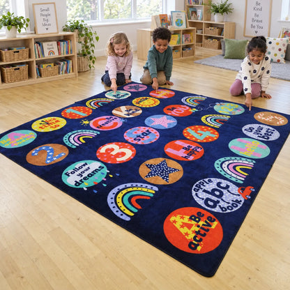 Children identifying feelings on KinderColour Positivity Wellbeing Placement Carpet
