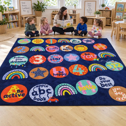 Children listening to a wellbeing story on KinderColour Positivity Wellbeing Placement Carpet