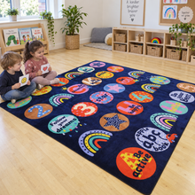 Children exploring wellbeing on KinderColour Positivity Wellbeing Placement Carpet