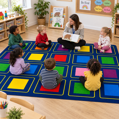 Children enjoying story time on KinderColour Squares Placement Carpet