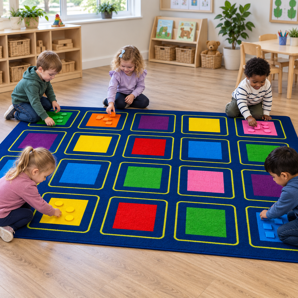 Children sorting counters on KinderColour Squares Placement Carpet