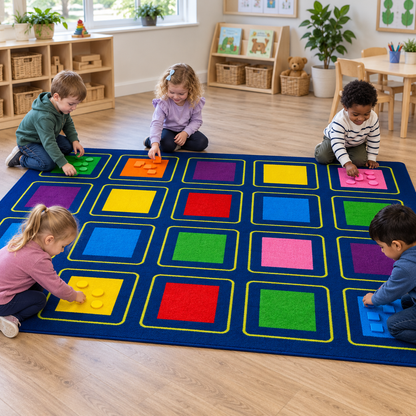 Children sorting counters on KinderColour Squares Placement Carpet