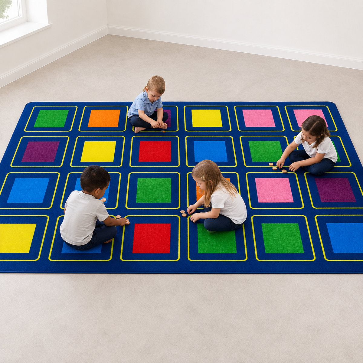 Children using counters on KinderColour Squares Placement Carpet