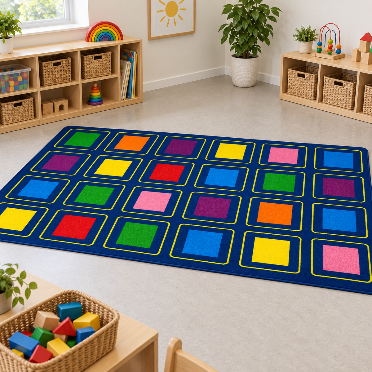 KinderColour Squares Placement Carpet in play area without children