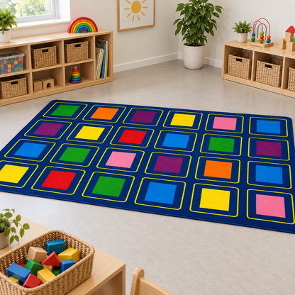 KinderColour Squares Placement Carpet in play area without children