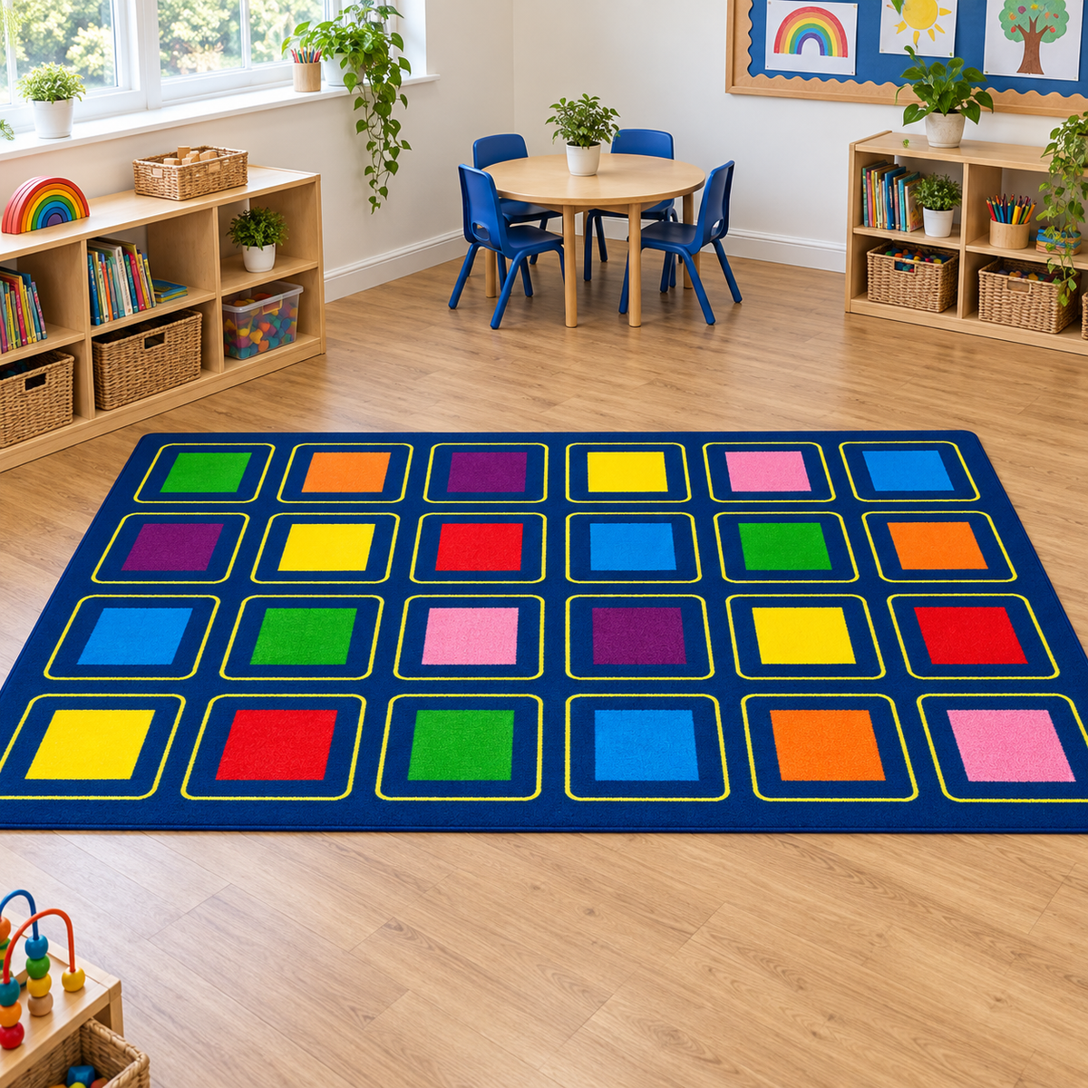 KinderColour Squares Placement Carpet in classroom without children