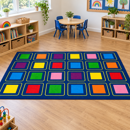 KinderColour Squares Placement Carpet in classroom without children