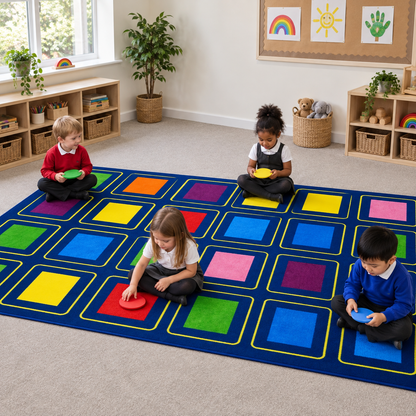 Children matching colours on KinderColour Squares Placement Carpet