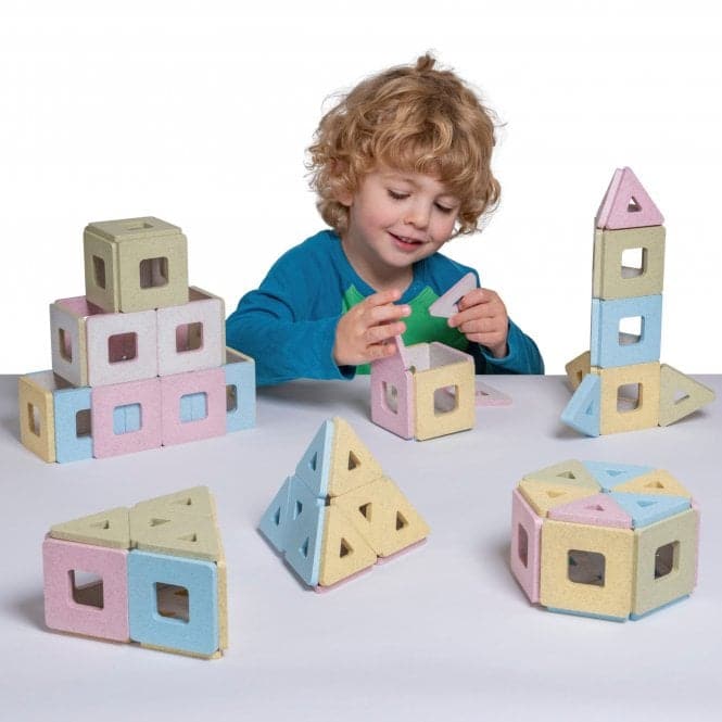 Kindermag Construction Set - 96 Pieces, Explore the magic of magnetic construction and polarity with Polydron KinderMag. Introduce children from 12 months + to their first magnetic shapes with these neutral, pastel-coloured squares and triangles. Stick together with a simple snap! The magnetic pieces can be stuck together with a simple snap to construct and create a variety of 2D patterns and 3D models. 96 chunky pieces that are easy for young hands to use. Super tough design and safety tested for children 