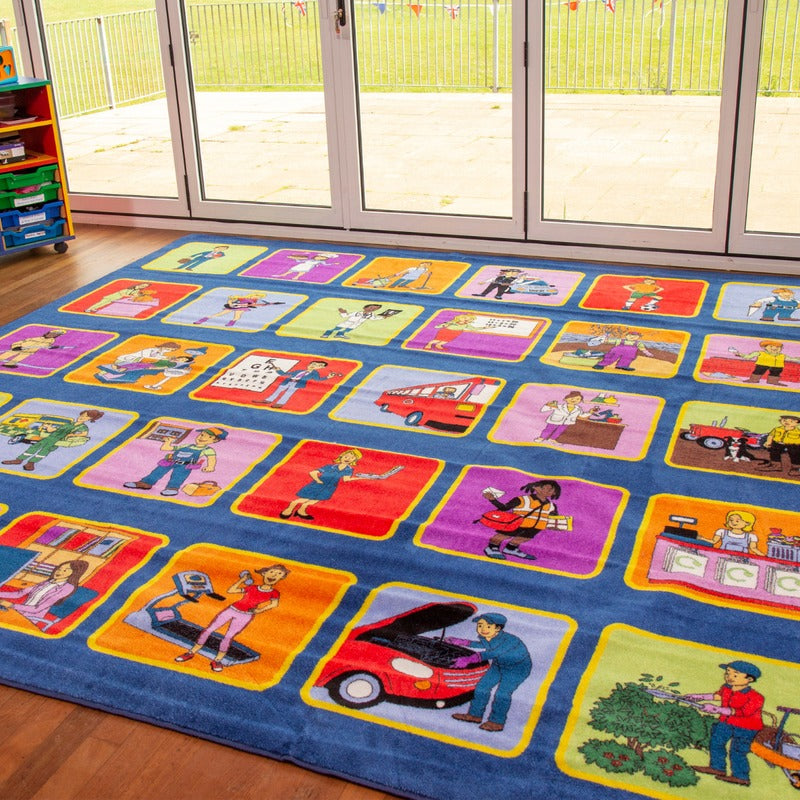 Kinder™ Occupations Placement Carpet, Introducing the Kinder™ Occupations Placement Carpet, a vibrant and engaging addition to any early years or primary school learning environment. This 3-meter square carpet features clearly identifiable seating areas for up to 30 children, making it perfect for group activities and discussions.The brightly colored design showcases a broad range of different occupations in a playful and intriguing way. From doctors and teachers to firefighters and astronauts, this carpet 