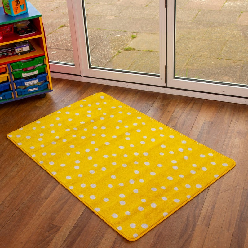 Kinder™ Yellow Spotted Nursery Rug, Introducing the Kinder™ Yellow Spotted Nursery Rug, a delightful and versatile addition to any nursery, playroom, or bedroom. This rug combines simplicity and fun, making it perfectly suited for creating a vibrant and playful atmosphere.Crafted with our Heavy Duty Dura-Pile™, this rug features a substantial premium quality carpet with an extra thick pile. The soft textured tufted Nylon twist pile ensures exceptional comfort and longevity, providing a cozy surface for chil