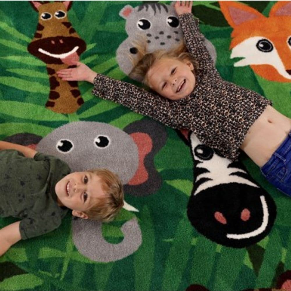 Kinder™Wild Animals Carpet 3 x 3 metre, The Kinder™Wild Animals Carpet is a 3-metre square placement carpet with clearly identifiable seating areas for up to 30 children.The brightly coloured Kinder™Wild Animals Carpet features wild animal characters include a panda, lion and a hippo. Our Heavy-Duty DuraPile™ The Kinder™Wild Animals Carpet is a substantial premium quality carpet, with an extra thick pile, soft textured tufted Nylon twist pile designed specifically for comfort and longevity. Ideal for Early 