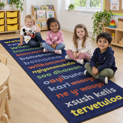 Kinder Welcome Runner Carpet 3 x 1 Metre lifestyle image 2 of 8 with children