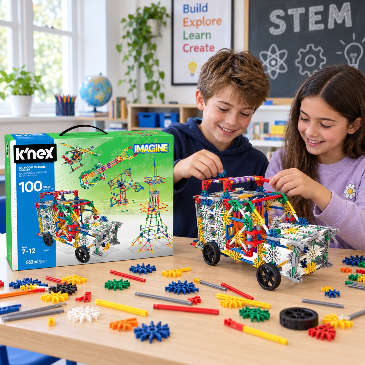 Children building a K'NEX model in a classroom with the 863 piece set