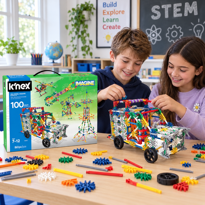Children building a K'NEX model in a classroom with the 863 piece set