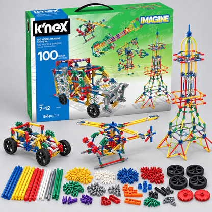 K'NEX 863 Piece Building Set with model examples and construction components