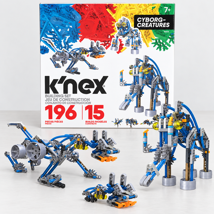 K'NEX Cyborg Creatures box with completed creature models