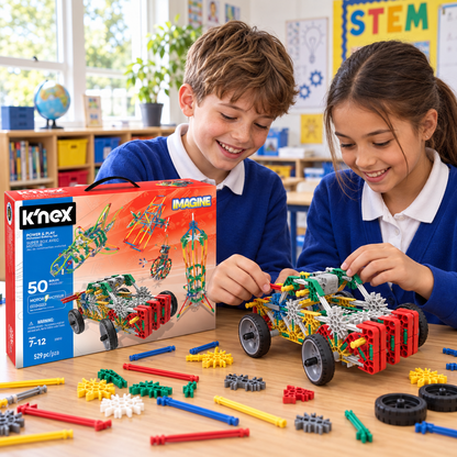 Children building a motorised K'NEX model in a classroom