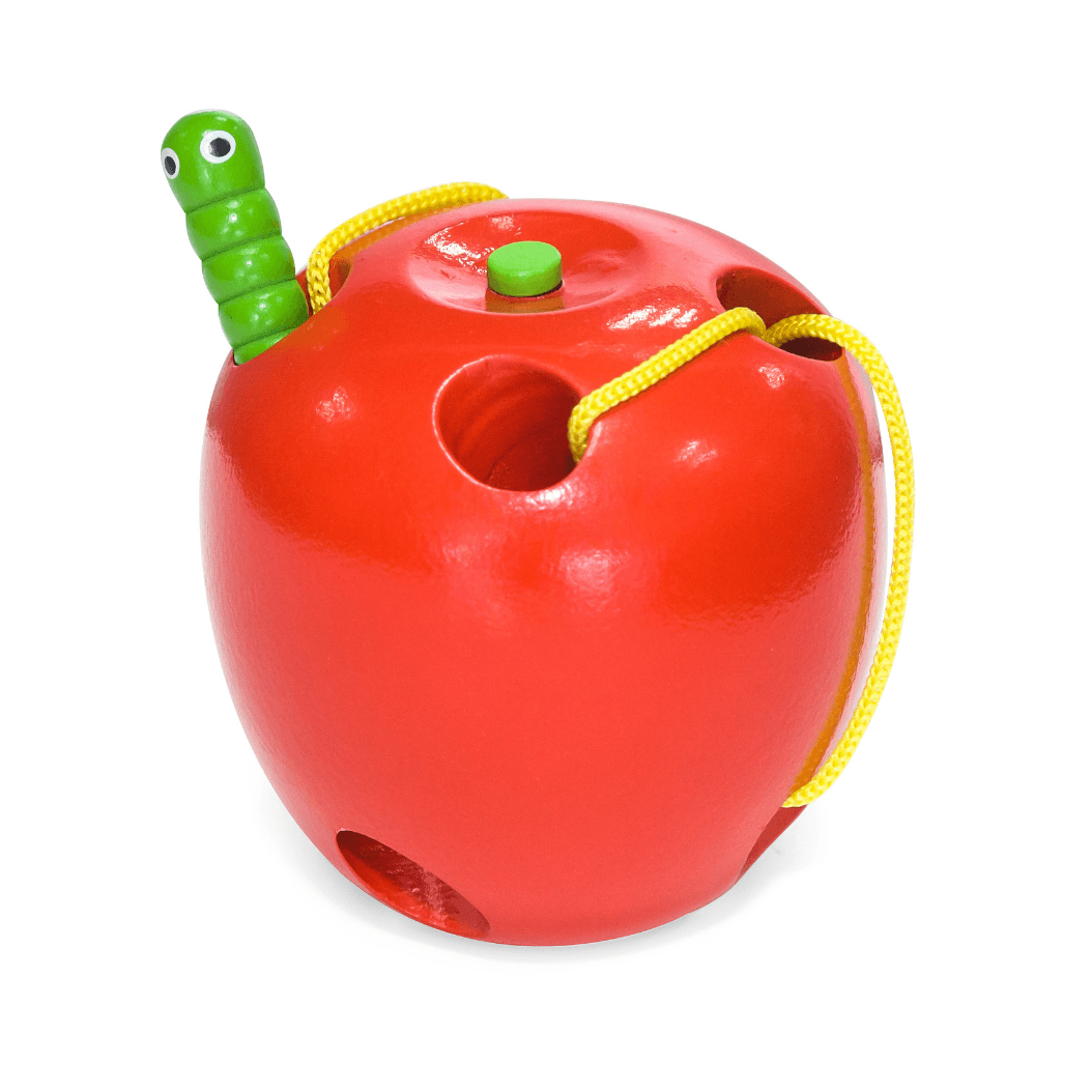 Lacing Apple, The Lacing Apple is a bright and cute threading exercise for young children featuring a green caterpillar creeping through a shiny red apple! The Lacing Apple measures approximately 8.5cm x 10cm. The caterpillar and the apple are both wooden. Each child tends to spend a great deal of time focusing intently on the task and engaging in lots of repetition (please see below to learn more about undoing the threading to allow for repetition). This is a great exercise for Pre-schoolers. The child bui