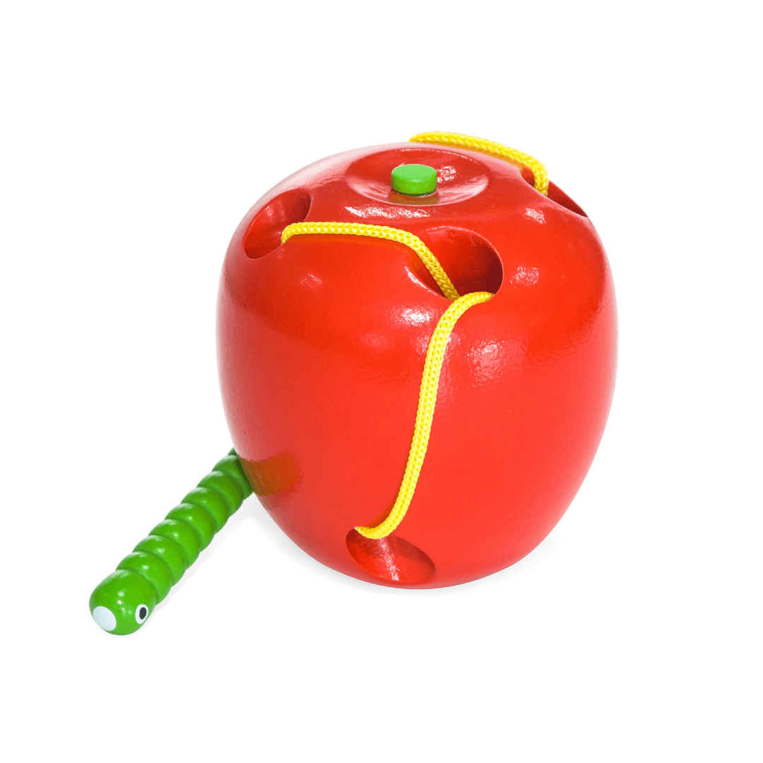 Lacing Apple, The Lacing Apple is a bright and cute threading exercise for young children featuring a green caterpillar creeping through a shiny red apple! The Lacing Apple measures approximately 8.5cm x 10cm. The caterpillar and the apple are both wooden. Each child tends to spend a great deal of time focusing intently on the task and engaging in lots of repetition (please see below to learn more about undoing the threading to allow for repetition). This is a great exercise for Pre-schoolers. The child bui