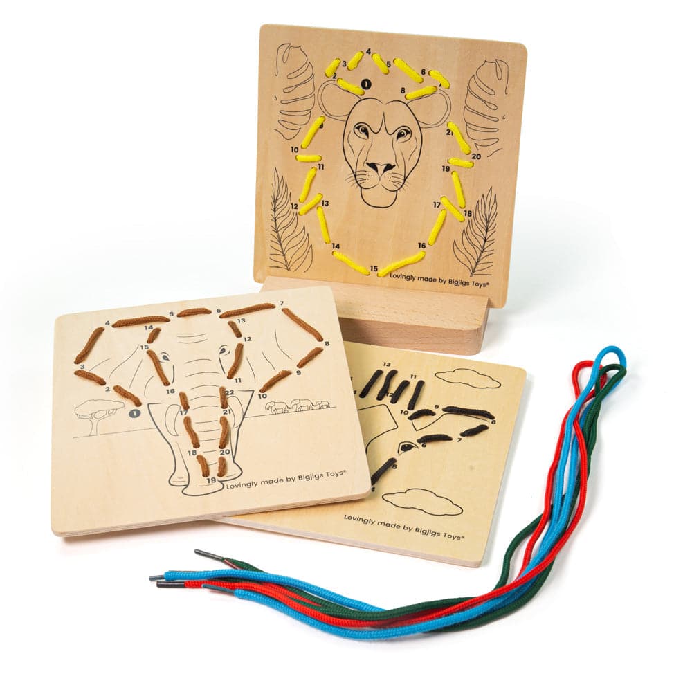 Lacing by Numbers - Jungle, Thread the laces through the holes, following the numbers along the way! Lacing numbers are a fantastic way to develop children’s counting and fine motor skills at the same time. Our Jungle Lacing Game For Toddlers features three different wild animals including an elephant, lion and a giraffe. Little hands need to simply thread the laces in numerical order for the jungle animal picture to appear! The three wooden jungle animal frames are made from high quality, responsibly sourc