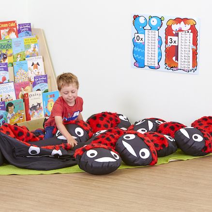 Ladybird Cushion and 15 Baby Ladybird Cushions, Within the large ladybird cushion lies a delightful surprise — unzip to discover 15 baby ladybird cushions nestled inside! Each little cushion offers a warm and cozy spot for children to sit, making group activities and collaborative learning both fun and comfortable. Size Outer Ladybird: A generous space for relaxation and play with a diameter of 100 cm and a height of 80 cm. Baby Ladybirds: Perfectly sized for little ones, each baby ladybird cushion measures