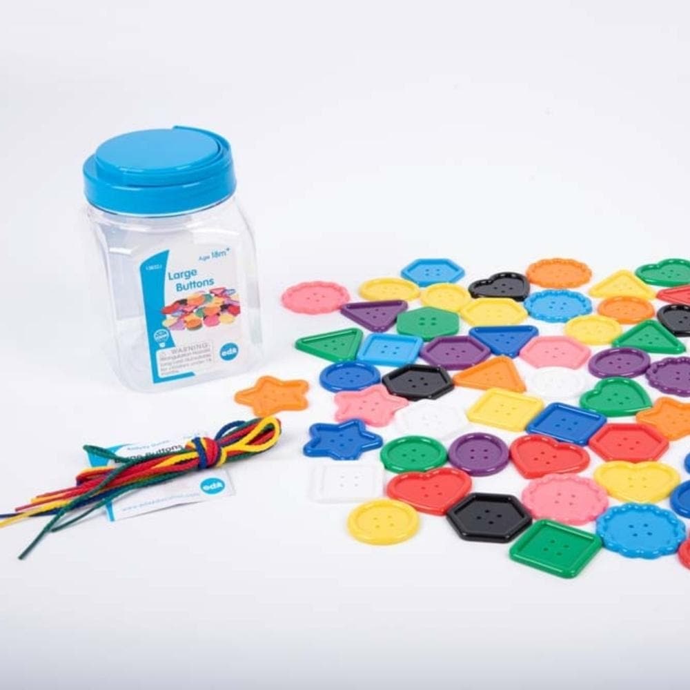 Large Buttons & Laces Jar - Pk58, Introducing a delightful and interactive way to boost your child’s development through play! Our Large Buttons & Laces Jar - Pk58 is more than just a jar of buttons. It’s a treasure trove of learning opportunities designed to captivate young minds. Key Features: Vibrant Collection: The set is brimming with large, assorted buttons in various shapes and enticing colours, ensuring hours of play. Multifunctional Play: These buttons aren’t just for looking at! Use them for count