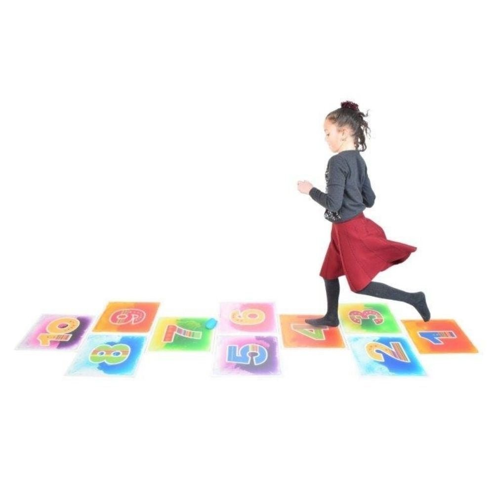 Large Liquid Floor Tiles for Hopscotch and Number Learning, The Hopscotch Liquid Floor Tiles are a wonderful visual and tactile experience that really will encourage you to move around and explore the surfaces and teach children the numbers 1-10. The Hopscotch Liquid Floor Tiles are screen printed with brightly coloured numbers, ideal for a variety of games and learning numbers. The Hopscotch Liquid Floor Tiles are ideal for use in sensory rooms or environments as each tile is filled with bright liquid gel,