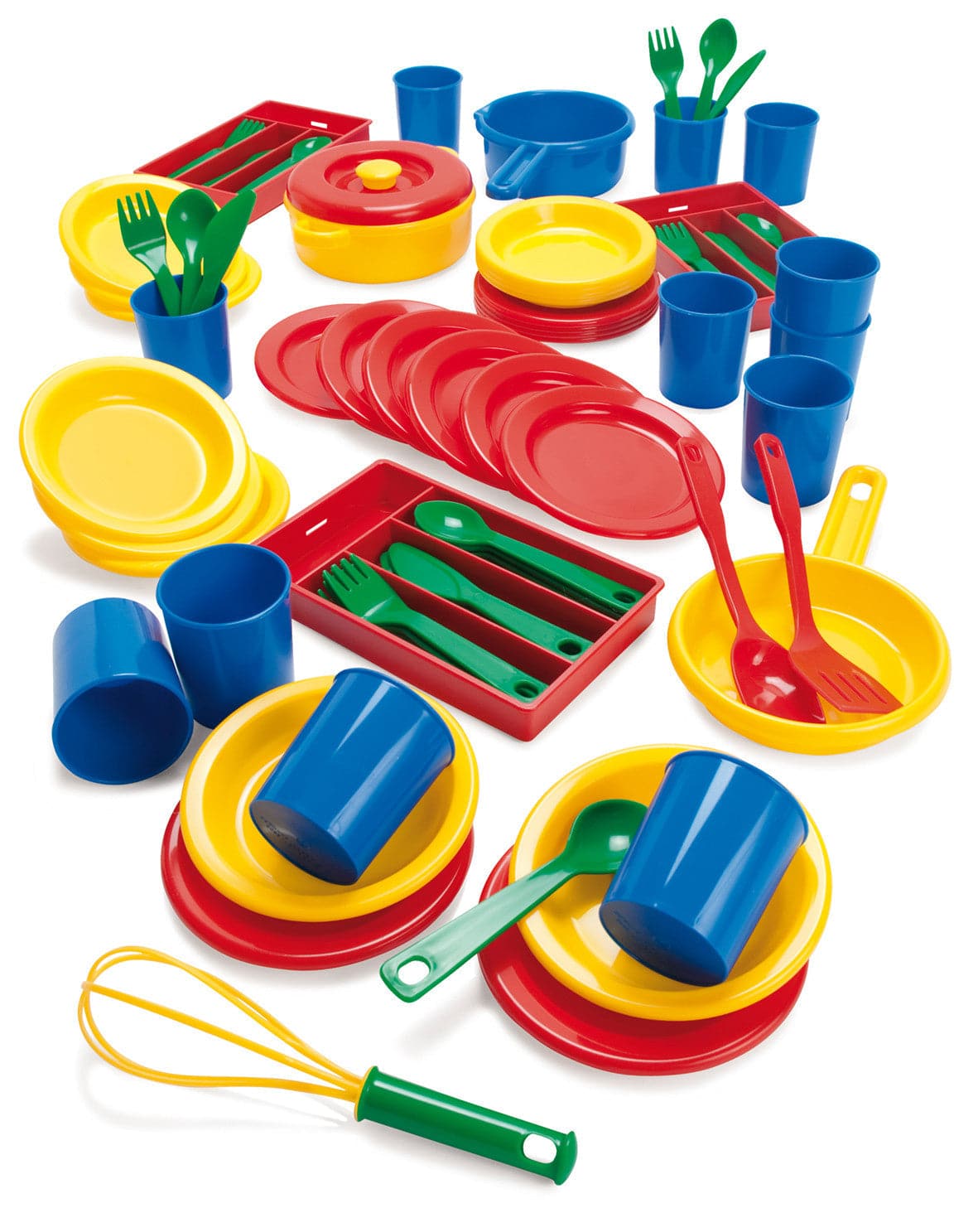 Large Plastic Role Play Dining Set, A complete set of brightly coloured, dishwasher safe kitchen accessories.Enough pans and dishes to get you cooking a feast and everything you need to eat it with. Colours may vary. The perfect set for enhancing your home corner. Watch as children create cafes, restaurants or just a cosy kitchen. The Large Plastic Role Play Dining Set can be cleaned with denatured alcohol, is dishwasher safe and can be washed in hand with water and soap. This resource can be washed again a