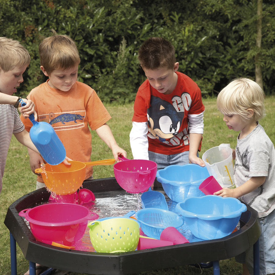 Large Plastic Sand and Waterplay Kit, Have hours of fun emptying, filling, pouring and sieving with this super range of containers.We've varied the shapes and sizes so that children can compare and contrast.Use this set in sand and water play or even in your role play corner. Use the bowls as part of a kitchen or use the sieves to make pretend pasta. Product Content: 4 x Funnels 2 x Scoops 4 x Measuring Spoons 1 x Giant Colander 3 x Medium Colanders 2 x Sieves 1 x Measuring Jug 4 x Cups 2 x Flower Bowls 2 x
