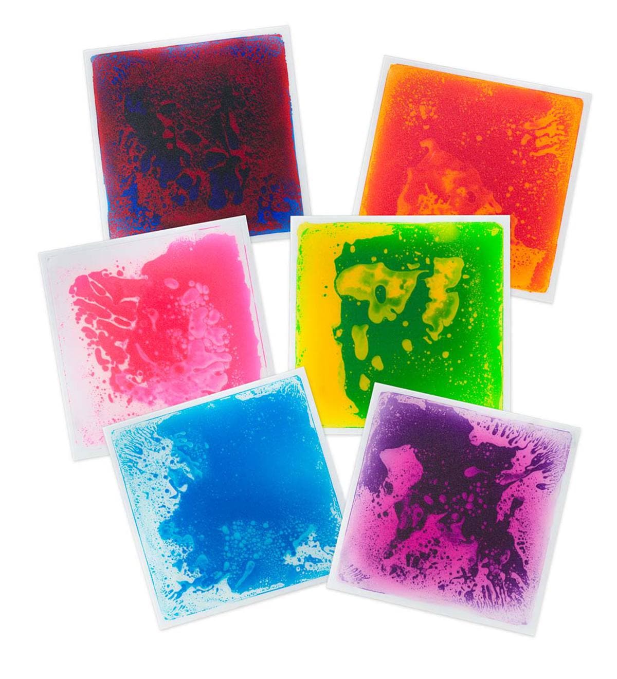 Large Sensory Liquid Tiles Pack of 6, The Large Sensory Liquid Tiles are a wonderful visual and tactile light up experience, that really does encourage you to move around and explore the surfaces. The Large Sensory Liquid Tiles contain flowing colours that swirl around as you move about on them. They will withstand jumping on and strenuous use by children and adults as well as the weight of wheelchairs. Can also be used on a table top of any flat surface. Simply Apply a little pressure to create a dramatic 