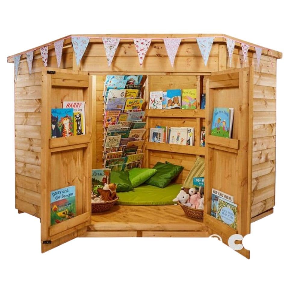 Larger Reading Corner, Create a fabulous outside reading corner complete with shelter from the elements with this larger version of our reading corner. The Larger Reading Corner is great for larger settings or older children. The Larger Reading Corner comes complete with book storage on the walls and doors. All you need to do is open up the doors and you're set! H150cm x D190cm x W200cm the width stated is for the widest point on the shed which is the roof's corner to corner measurement. Self assembly. Acce