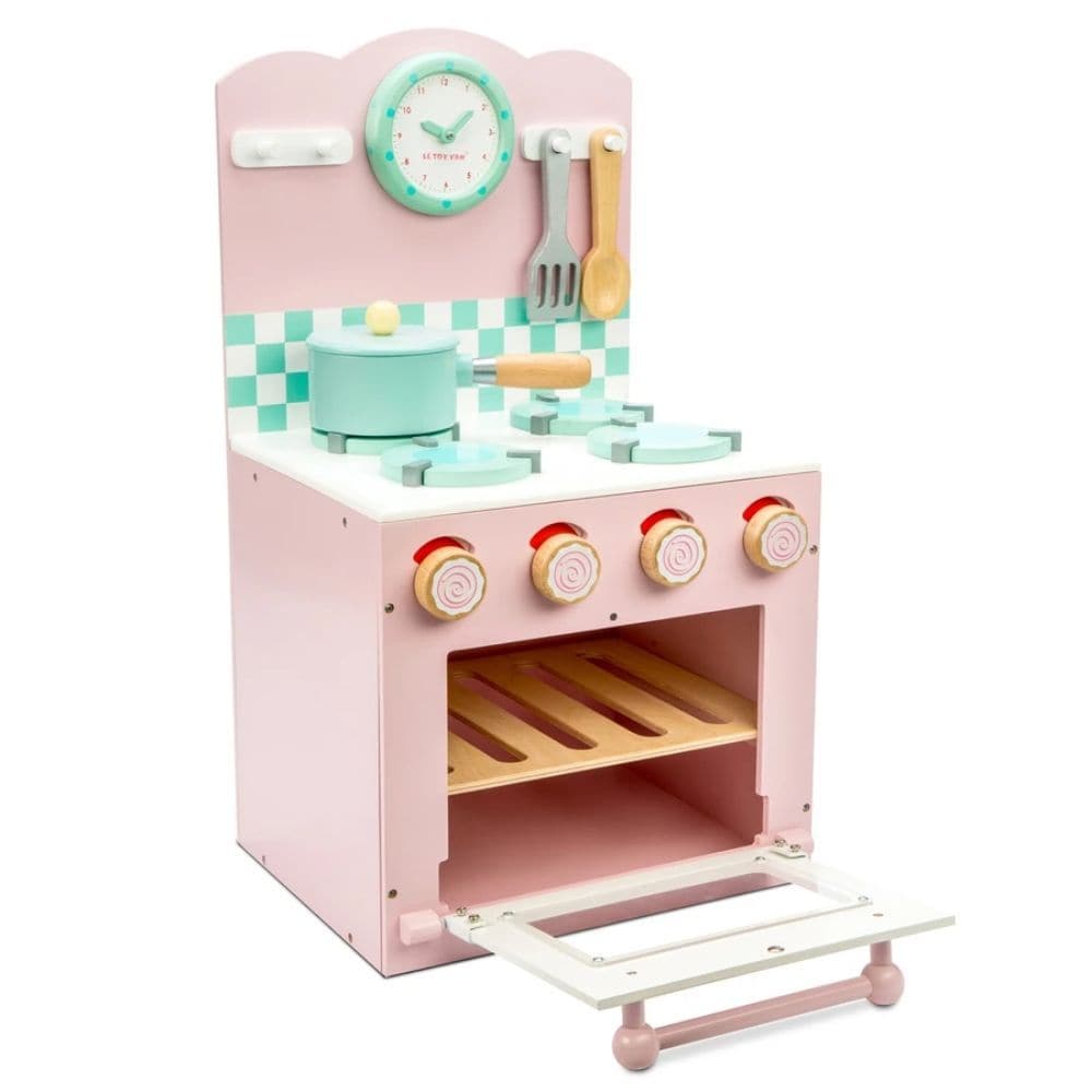 Le Toy Van Oven & Hob Pink, The Le Toy Van Oven & Hob Pink is a stylish painted wooden oven & hob set. This Le Toy Van Oven & Hob Pink includes: a 4 ring hob with frying pan & play food, 2 utensils, a clock with movable hands, an easy open oven with removable rack and gingham oven gloves. The Le Toy Van Oven & Hob Pink is a well-thought-out toy designed not just for play, but also for educational and developmental purposes. Below is a breakdown of its features and benefits: Features Stylish Design: It comes