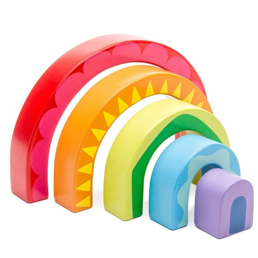 Le Toy Van Rainbow Tunnel, The Le Toy Van Rainbow Tunnel is a beautiful 5 piece rainbow tunnel toy made out of solid plywood for endless creative play. The Colourful design helps develop colour recognition and stimulates imagination in a fun and engaging way. The Le Toy Van Rainbow Tunnel is a versatile and educational toy that offers a multitude of benefits for young children. Le Toy Van Rainbow Tunnel Features: Material: Made from sustainable rubberwood, which is not only durable but also eco-friendly. De