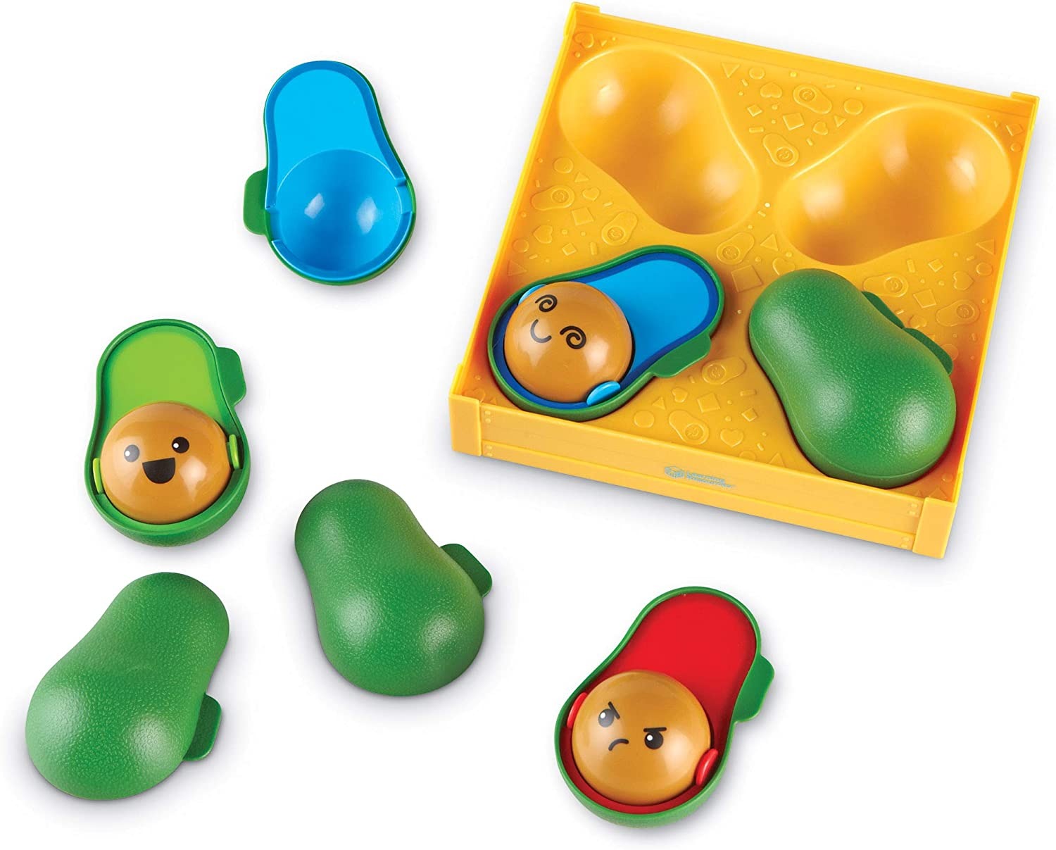 Learn A Lot Avocados, There’s a different emotion in every roll with these brightly coloured avocados designed to help teach children about emotions and feelings. Each Learn A Lot Avocados pops apart to reveal a rolling pit with emoji-style expressions. Use them to encourage social emotional learning (SEL), prompt conversations about feelings, and help with early learning and fine motor skills. These Learn A Lot Avocados have feelings and are ready to teach young children about emotions and more. Roll the p
