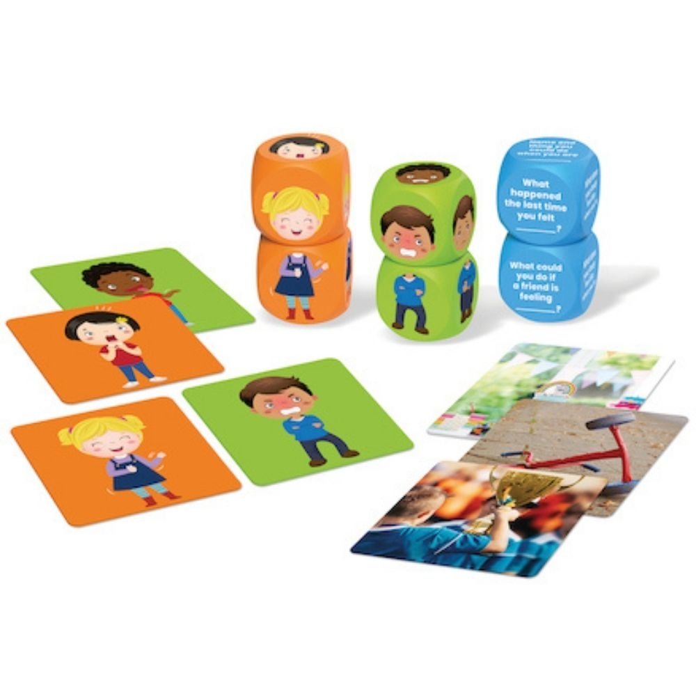Learn About Feelings Activity Set, The Learn About Feelings Activity Set will help children build important social and emotional skills with this activity set. It teaches them about feelings and emotions in themselves and others. Children match body postures and facial expressions and learn that emotions can look different on different people. The question cubes are used to prompt conversations and encourage discussion about feelings, and the picture cards help children learn to identify feelings in real si
