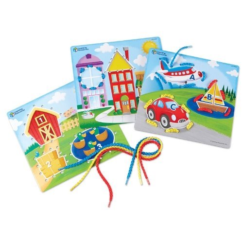 Learning Laces Skill Boards, Lace up new skills! Kids get a hands-on introduction to letters, shapes, and numbers with the Learning Laces Skill Boards from Learning Resources. Each of the sets three durable lacing cards is packed with toddler lacing activities - practise lacing shapes in a colourful street scene, travel towards new letter skills in an aeroplane, boat, or car, and head to the farm to count up the one barn, two hay bales, and three smiling ducks. These fun illustrations keep kids' attention w
