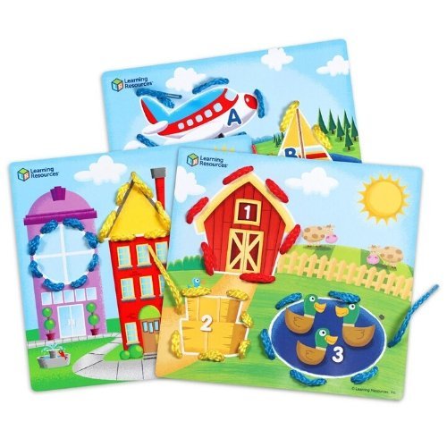 Learning Laces Skill Boards, Lace up new skills! Kids get a hands-on introduction to letters, shapes, and numbers with the Learning Laces Skill Boards from Learning Resources. Each of the sets three durable lacing cards is packed with toddler lacing activities - practise lacing shapes in a colourful street scene, travel towards new letter skills in an aeroplane, boat, or car, and head to the farm to count up the one barn, two hay bales, and three smiling ducks. These fun illustrations keep kids' attention w