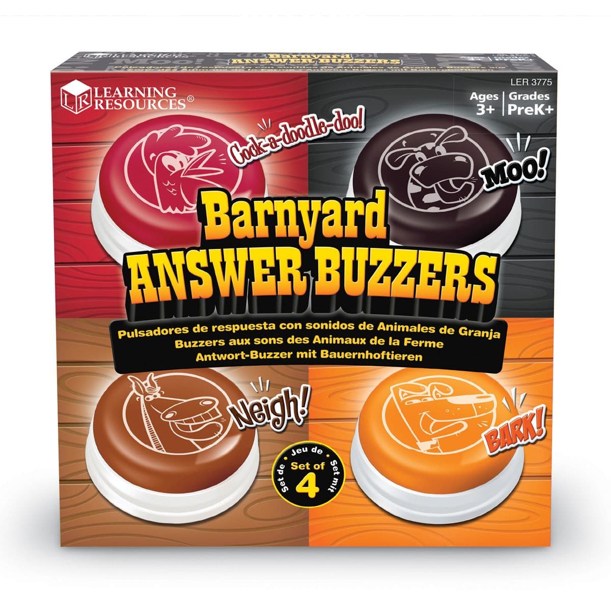 Learning Resources Barnyard Buzzers Set of 4, The Learning Resources Barnyard Buzzers set of four are easy to press different animal answer buzzers.The dog will bark, the cow will moo, the horse will neigh and the hen will cock-a-doodle-doo.Respond to any question with your favourite animal sound to liven up any game. Get little ones giggling and imitating these silly sounds Add them to any family board game for extra fun Offers lightheartedness for any classroom games or activities Includes: 4 Buzzers, Lea
