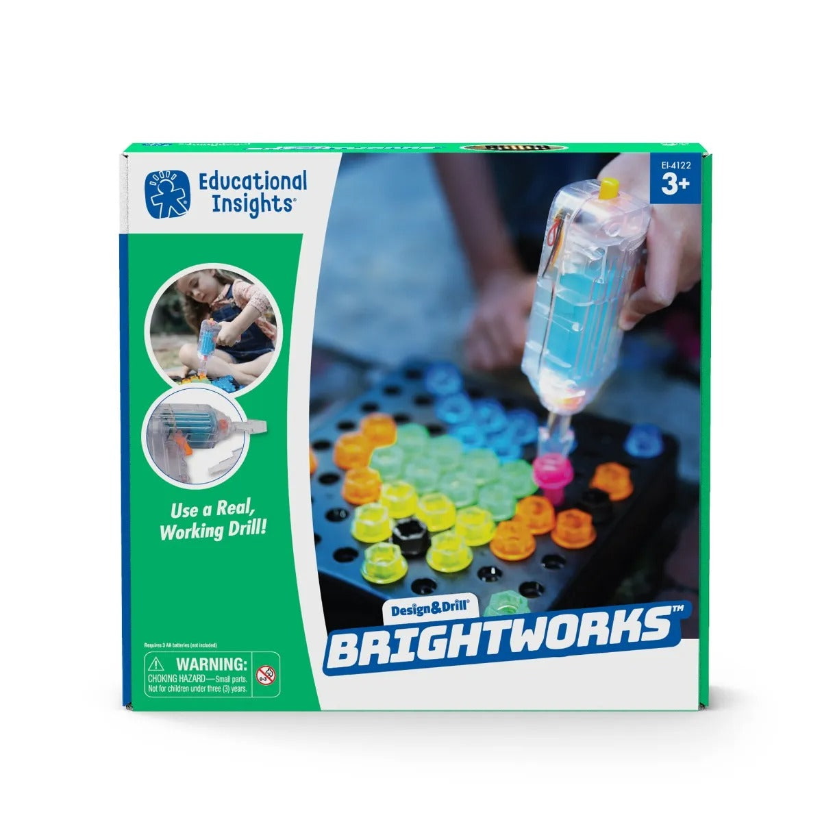 Learning Resources BrightWorks Design & Drill, With Brightworks Design and Drill you can see your designs light up in the dark! It’s so simple to use - just screw in different translucent, coloured bolts into a board of holes using the electric toy drill and they will automatically light up. Create one of your own designs or follow one of the 12 patterns in the full-colour guide, including a television, a boat and a jet plane! The coloured, translucent bolts light up as they are fitted onto the board and th