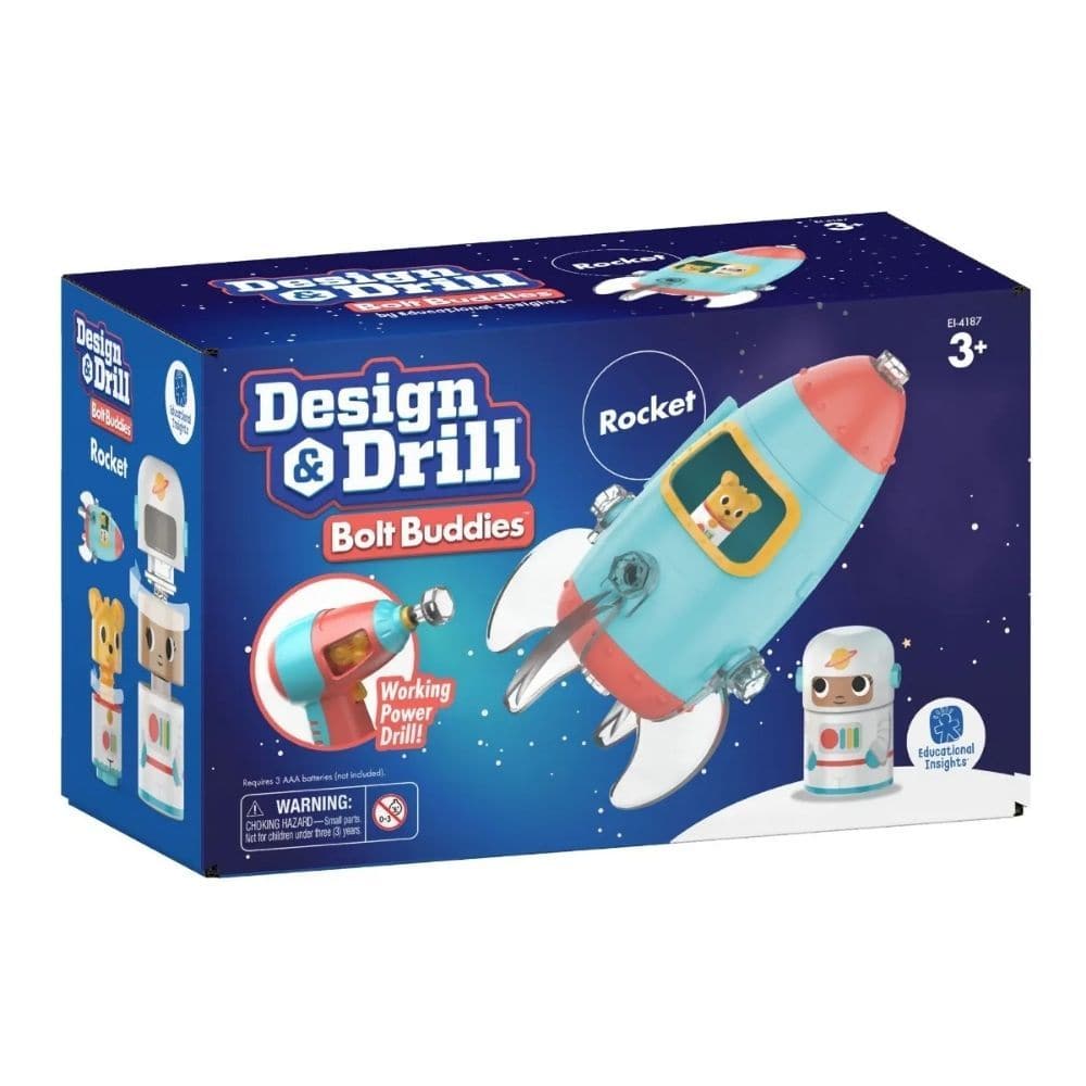 Learning Resources Design & Drill Bolt Buddies Rocket, Lift-off to interstellar drilling fun! Build your own rocket with Design & Drill ® Bolt Buddies ™ Rocket. This Design & Drill Bolt Buddies Rocket space toy is ideal for construction play.The Design & Drill Bolt Buddies Rocket will inspire your pre-schooler’s imagination and help them practise fine motor skills and hand-eye coordination. Keep the box! The packaging is part of the product – turn it inside out and convert it into a reusable launchpad plays