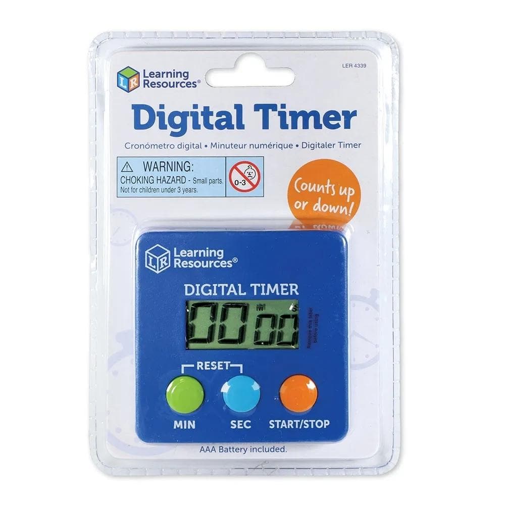 Learning Resources Digital Timer, This unique digital timer counts up or down 1 - 100 minutes with a magnetic clip on the back. Easy to operate! Can stand alone, be clipped to a belt, or hung. This Learning Resources Digital Timer is great for speech and debate classes, mock trials, sporting events, or anywhere accurate timing in required. Easy-to-use Digital Timer features Start/Stop and reset buttons Timer will count up or down from 1 to 100 Digital display is clear and easy-to-read Timer can be displayed