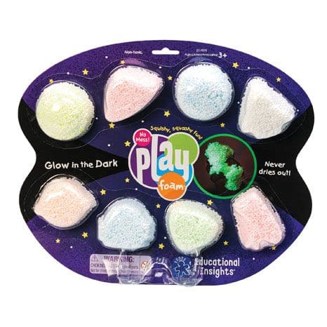 Learning Resources Playfoam Glow-in-the-Dark 8-Pack, The Learning Resources Playfoam Glow-in-the-Dark 8-Pack is a mess-free creative play resource! The Learning Resources Playfoam Glow-in-the-Dark 8-Pack offers Out-of-this-world squishy, squashy, shaping fun! Award-winning Glow in the dark Playfoam ® provides completely mess-free creative play fun for both children and adults. Simply shape the glow-in-the-dark foam into anything you can imagine before squashing it and starting it all over again. This colour