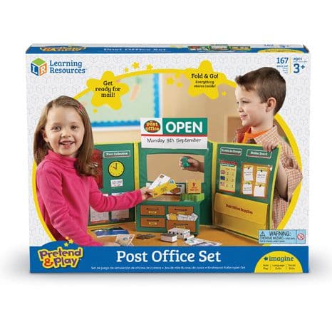 Learning Resources Pretend & Play Post Office Set, This outstanding Pretend & Play Post Office Set from Learning Resources is sure to fire any child's imagination. Over 150 pieces are included in this packed set so that budding post masters can engage in everything from weighing and sorting to stamping letters and parcels, exchanging travel money, and applying for licences. The neat and sturdy tri-fold Post Office board folds away into a compact carry case for easy storage and there is a useful carry handle