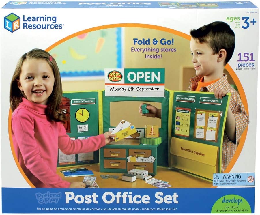 Learning Resources Pretend & Play Post Office Set, This outstanding Pretend & Play Post Office Set from Learning Resources is sure to fire any child's imagination. Over 150 pieces are included in this packed set so that budding post masters can engage in everything from weighing and sorting to stamping letters and parcels, exchanging travel money, and applying for licences. The neat and sturdy tri-fold Post Office board folds away into a compact carry case for easy storage and there is a useful carry handle