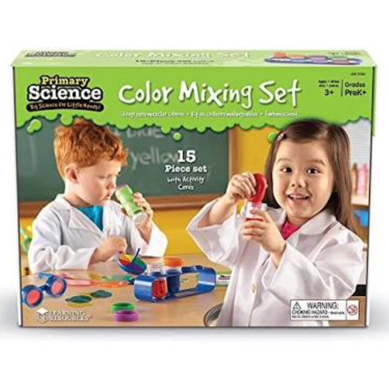 Learning Resources Primary Science Colour Mixing Set, Learning Resources Primary Science Color Mixing Set helps children observe and categorize what they see. They can use colors to define, organize, and describe objects in their world. Not only does this kids color mixing set come with a customizable kaleidoscope with color chips, it also includes a spinning top with interchangeable color mixing disc, a six-piece translucent color wheel, color mixing glasses with six lenses, three test tubes with lids, dro